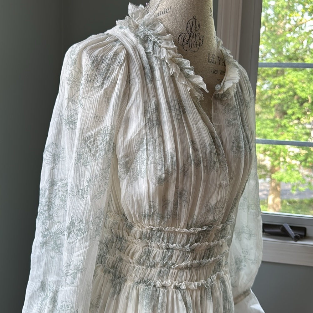 Rebecca Taylor smocked waist silk toile midi dress long sleeved EUC size 8 - Picture 8 of 16